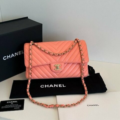 香奈兒/Chanel CF中號 V紋 橘粉色金扣 鏈條肩背包