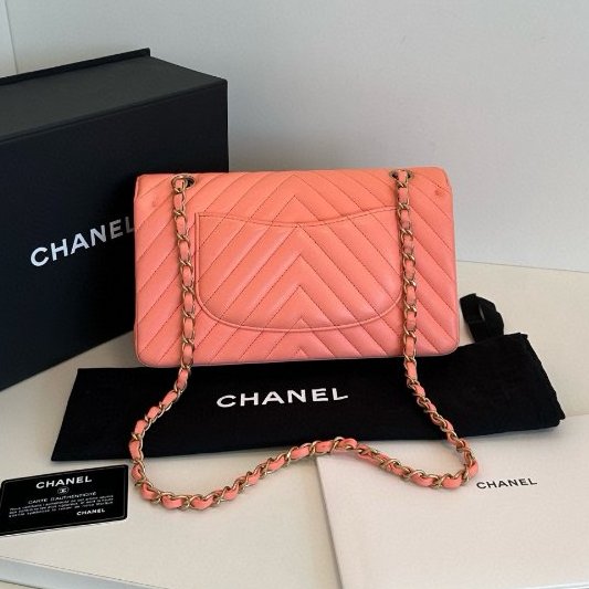 香奈兒/Chanel CF中號 V紋 橘粉色金扣 鏈條肩背包-1