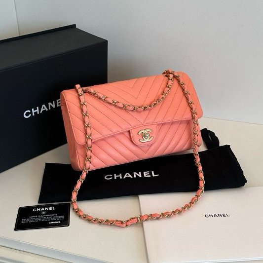 香奈兒/Chanel CF中號 V紋 橘粉色金扣 鏈條肩背包-2