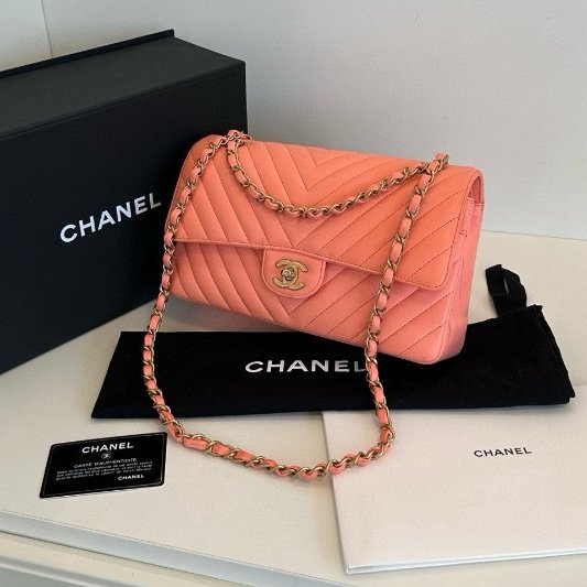 香奈兒/Chanel CF中號 V紋 橘粉色金扣 鏈條肩背包-3