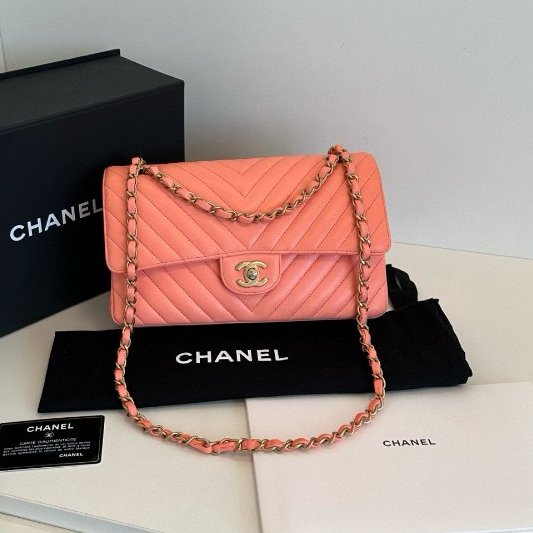 香奈兒/Chanel CF中號 V紋 橘粉色金扣 鏈條肩背包-5