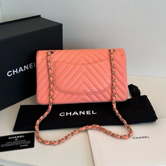 香奈兒/Chanel CF中號 V紋 橘粉色金扣 鏈條肩背包-6