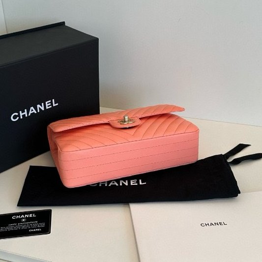 香奈兒/Chanel CF中號 V紋 橘粉色金扣 鏈條肩背包-7