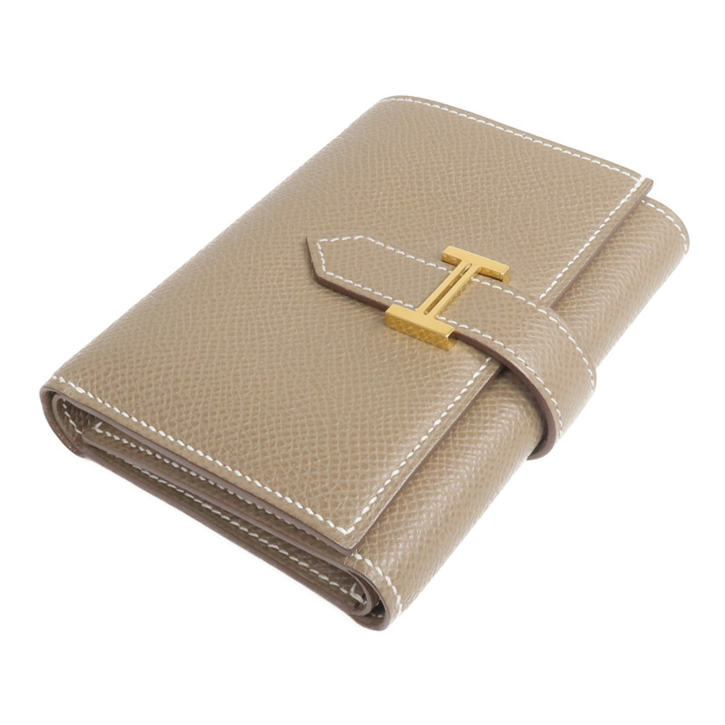 HERMES Epsom皮革Bearn Compact Wallet金扣錢包Etoupe-3