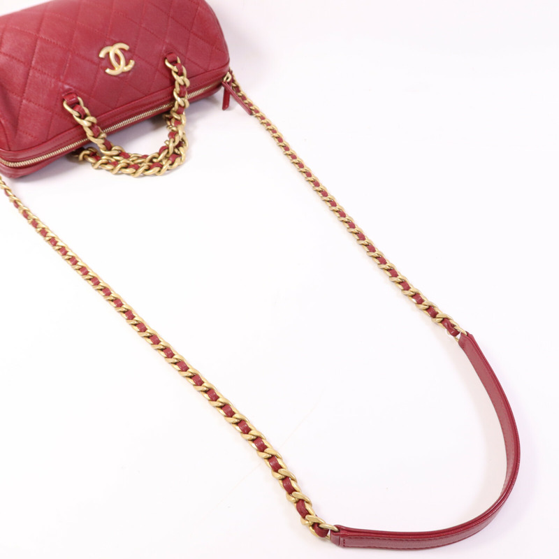 CHANEL 牛皮皮革Bowling Bag金扣鏈帶手挽肩背兩用袋-8