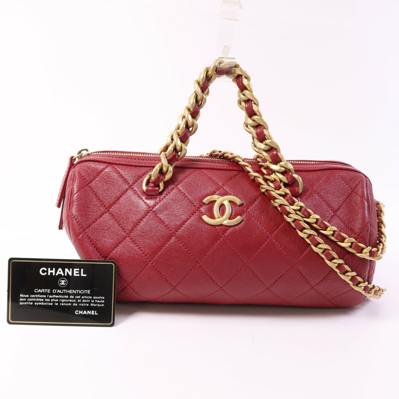 CHANEL 牛皮皮革Bowling Bag金扣鏈帶手挽肩背兩用袋-9