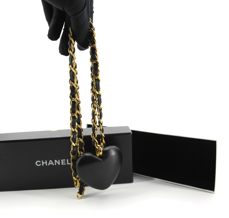 Chanel Vintage 91 Wooden Heart CC & Leather Chain Necklace-12