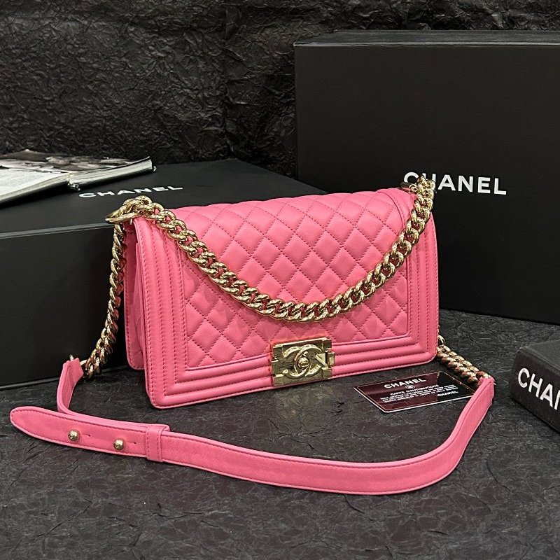 香奈兒/Chanel 粉色金扣leboy牛皮菱格中號 鏈條包肩背斜背包-0