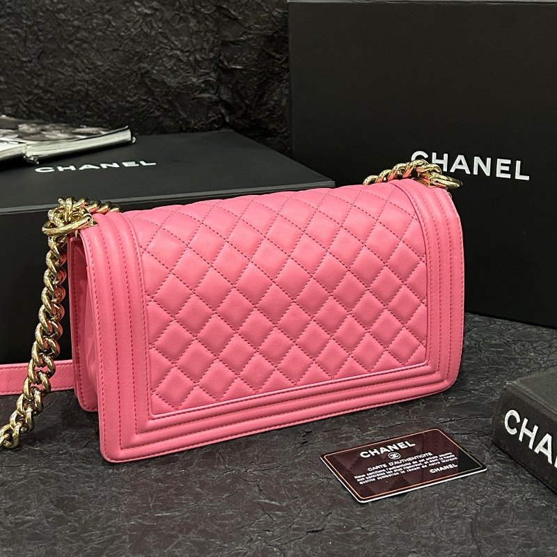 香奈兒/Chanel 粉色金扣leboy牛皮菱格中號 鏈條包肩背斜背包-1