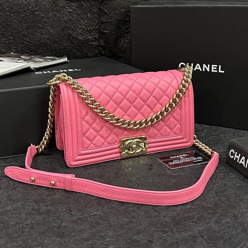 香奈兒/Chanel 粉色金扣leboy牛皮菱格中號 鏈條包肩背斜背包-6