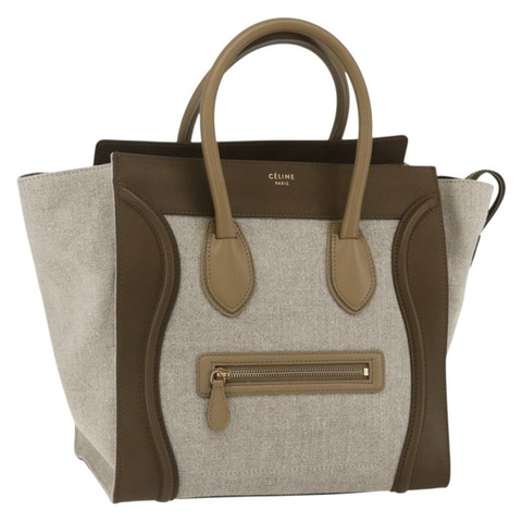 CELINE Luggage 中型手提包 帆布皮革 米色 金色 正品 ka1654SAM