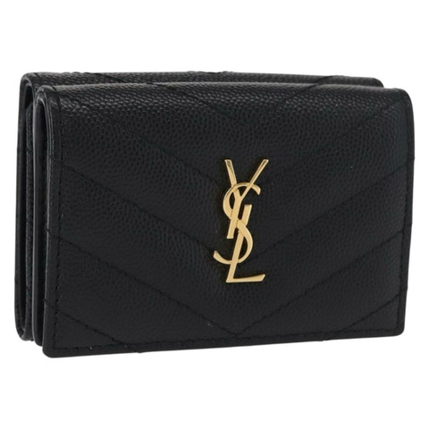 SAINT LAURENT 三折皮夾 皮革 黑色 金色 Auth ka1736V