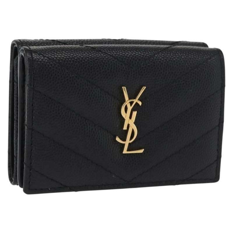【日本直送】SAINT LAURENT 三折皮夾 皮革 黑色 金色 Auth ka1736V-0