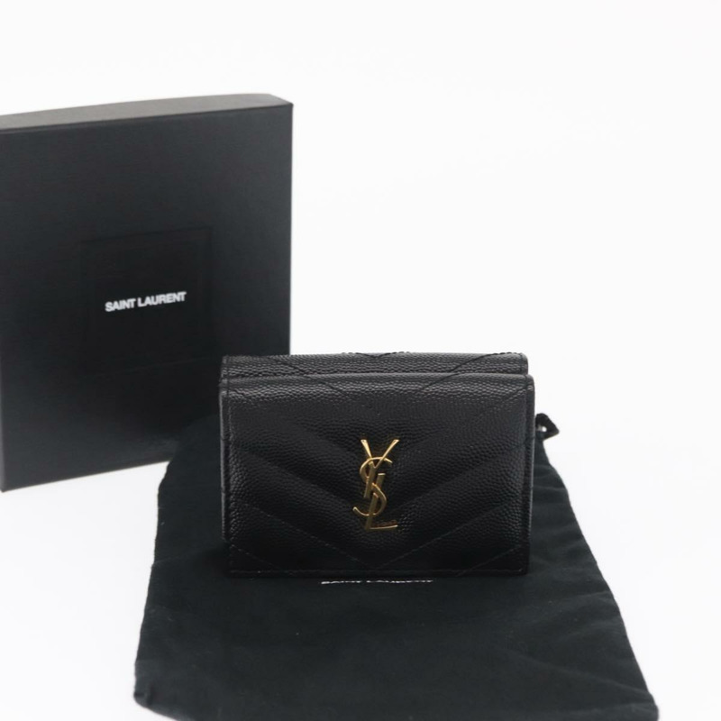 【日本直送】SAINT LAURENT 三折皮夾 皮革 黑色 金色 Auth ka1736V-11