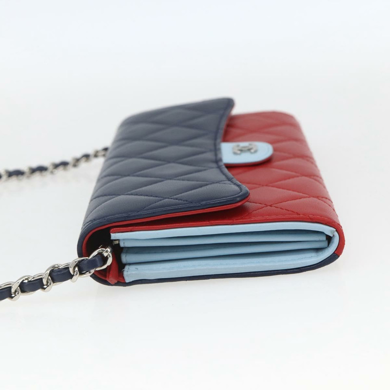【日本直送】香奈兒 (CHANEL) 絎縫鏈條錢包/包，羊皮材質，紅色/海軍藍/淺色，CC標誌，正品編號 161494SAM-2