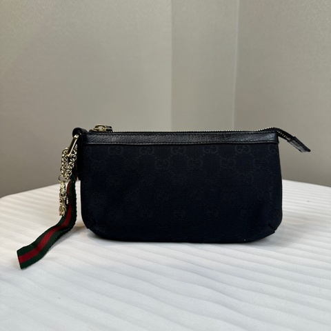 古馳/Gucci GG Jolicoeur Pochette 黑色老花帆布拼皮手拿包 20x3x12cm