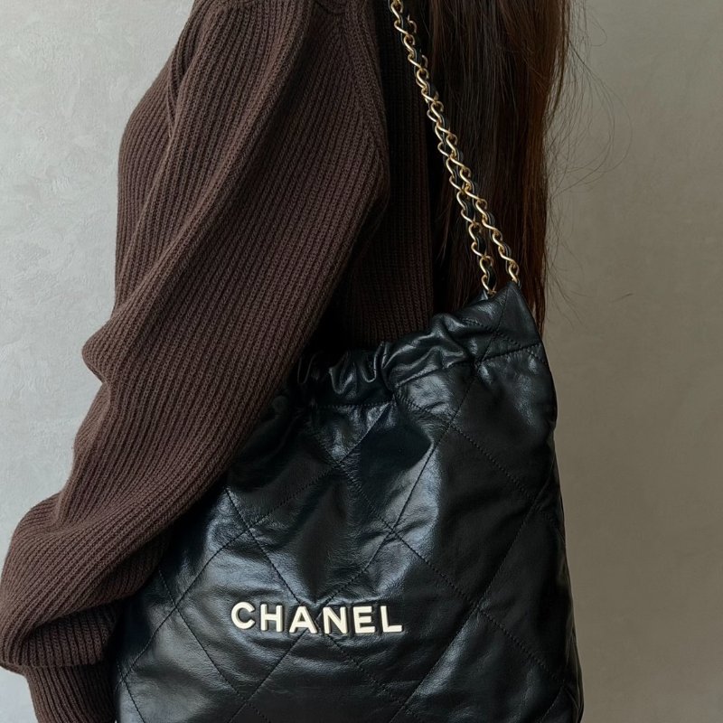 CHANEL黑色中號白字金鍊22包/AS3261-0