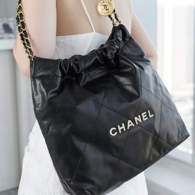 CHANEL黑色中號白字金鍊22包/AS3261-2
