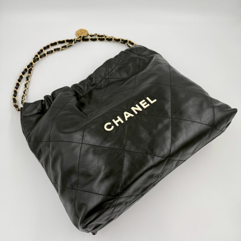 CHANEL黑色中號白字金鍊22包/AS3261-3