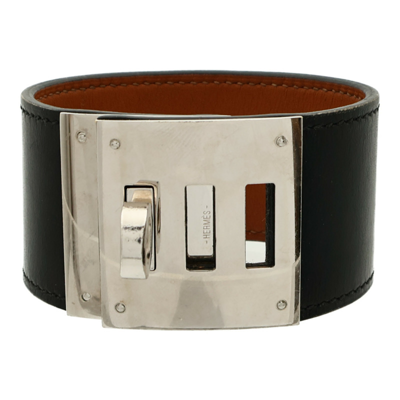 HERMES Box Calf皮革/金屬Kelly Dog手鐲Noir-0