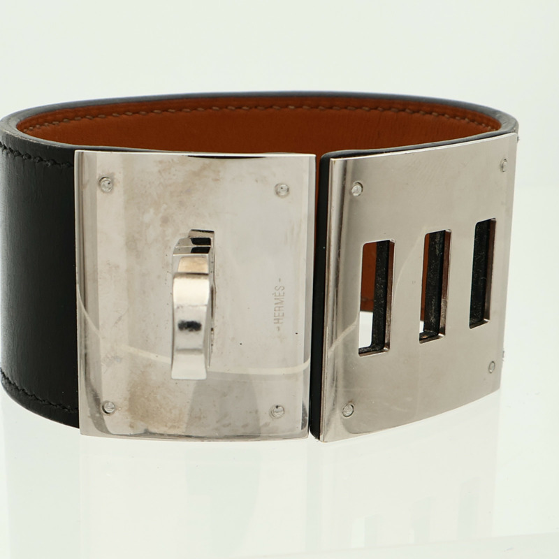 HERMES Box Calf皮革/金屬Kelly Dog手鐲Noir-4