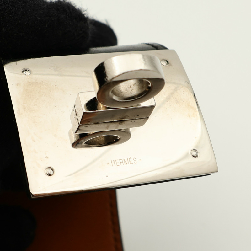 HERMES Box Calf皮革/金屬Kelly Dog手鐲Noir-7