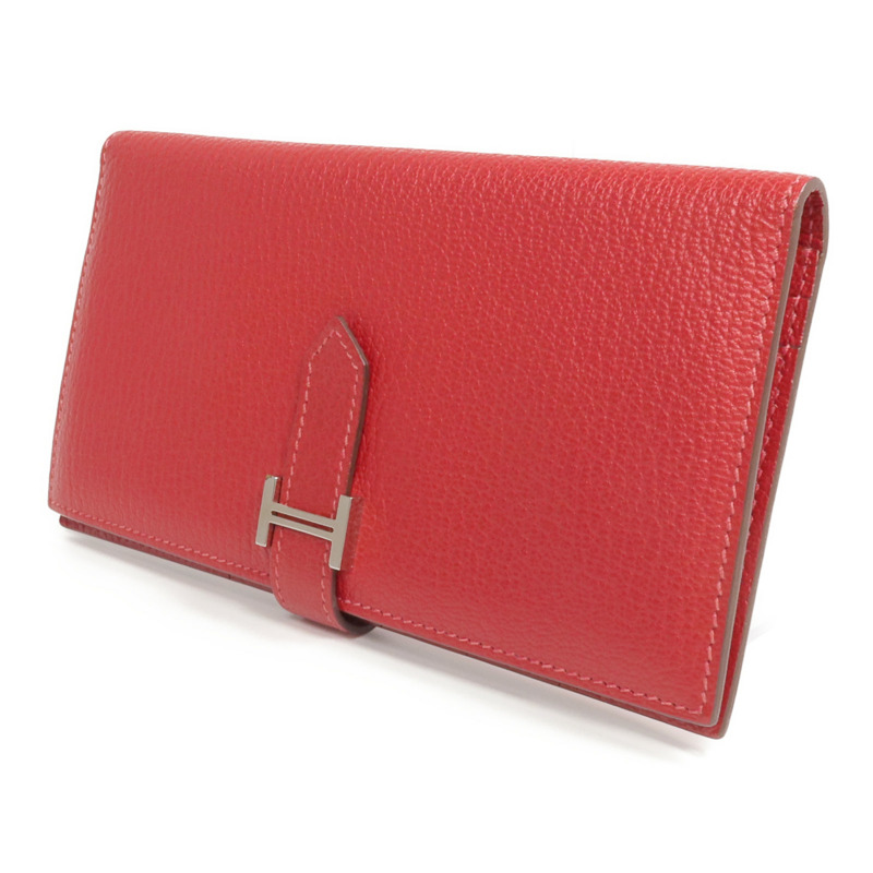 HERMES Clemence皮革Bearn Wallet銀扣長錢包Rouge Vif-2