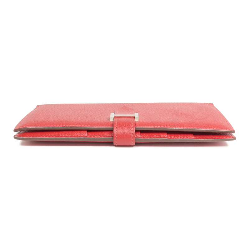 HERMES Clemence皮革Bearn Wallet銀扣長錢包Rouge Vif-5
