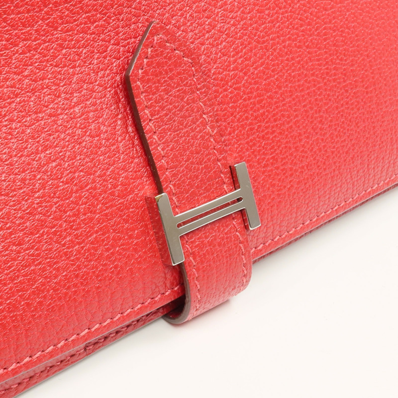 HERMES Clemence皮革Bearn Wallet銀扣長錢包Rouge Vif-10