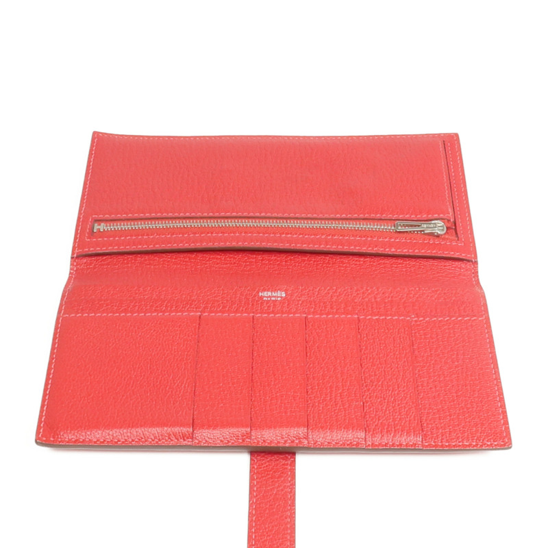 HERMES Clemence皮革Bearn Wallet銀扣長錢包Rouge Vif-12