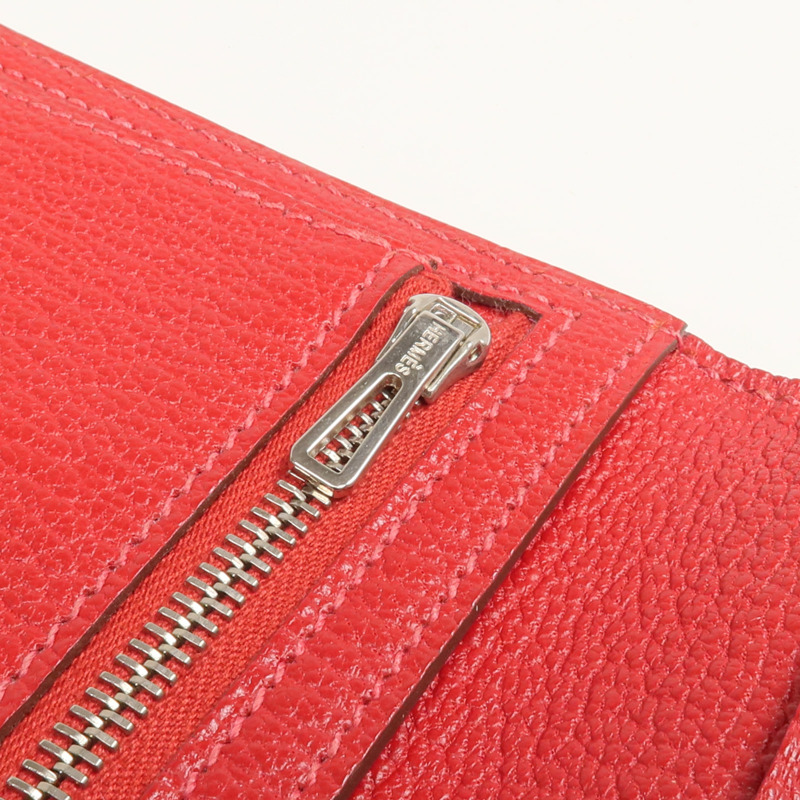 HERMES Clemence皮革Bearn Wallet銀扣長錢包Rouge Vif-14