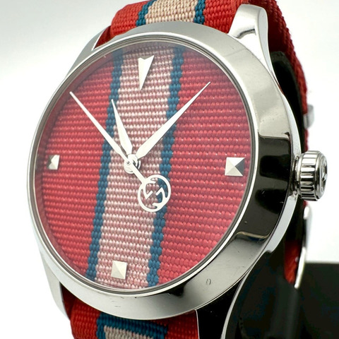 GUCCI G-Timeless YA1264070/126.4 不鏽鋼尼龍石英多色紅色男士腕錶