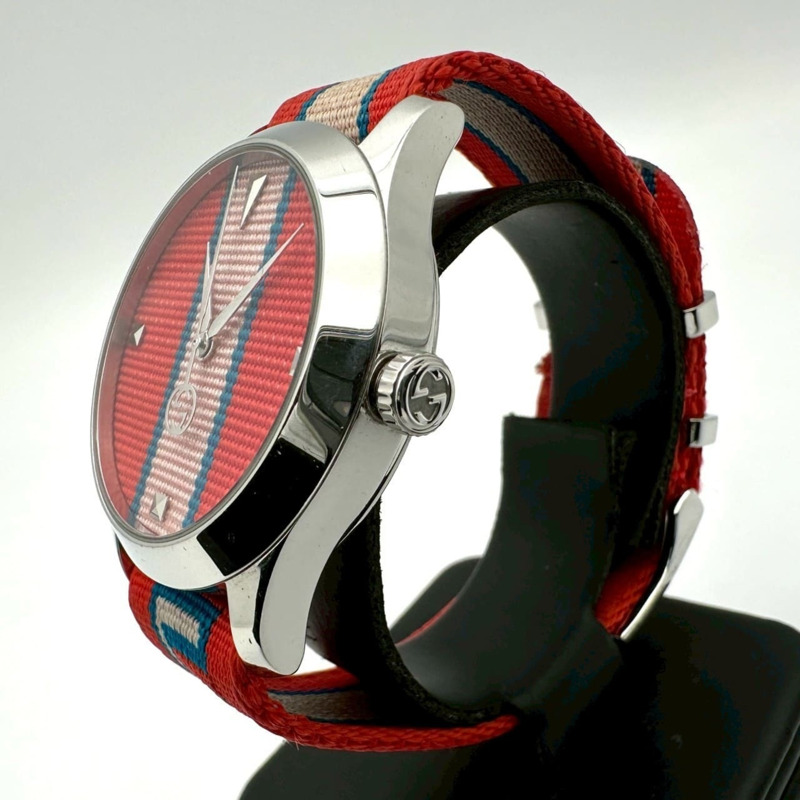 GUCCI G-Timeless YA1264070/126.4 不鏽鋼尼龍石英多色紅色男士腕錶-1