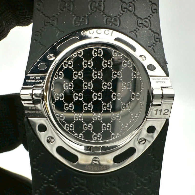 GUCCI Toile 手環式腕錶 112 GG 橡膠石英黑色女錶-8