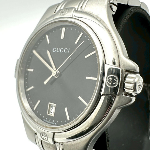 GUCCI 9040M 日期顯示不鏽鋼石英腕錶，黑色，男士