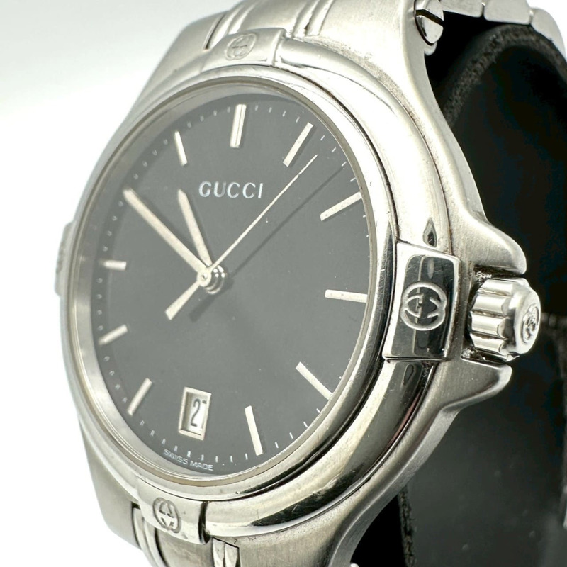 GUCCI 9040M 日期顯示不鏽鋼石英腕錶，黑色，男士-0