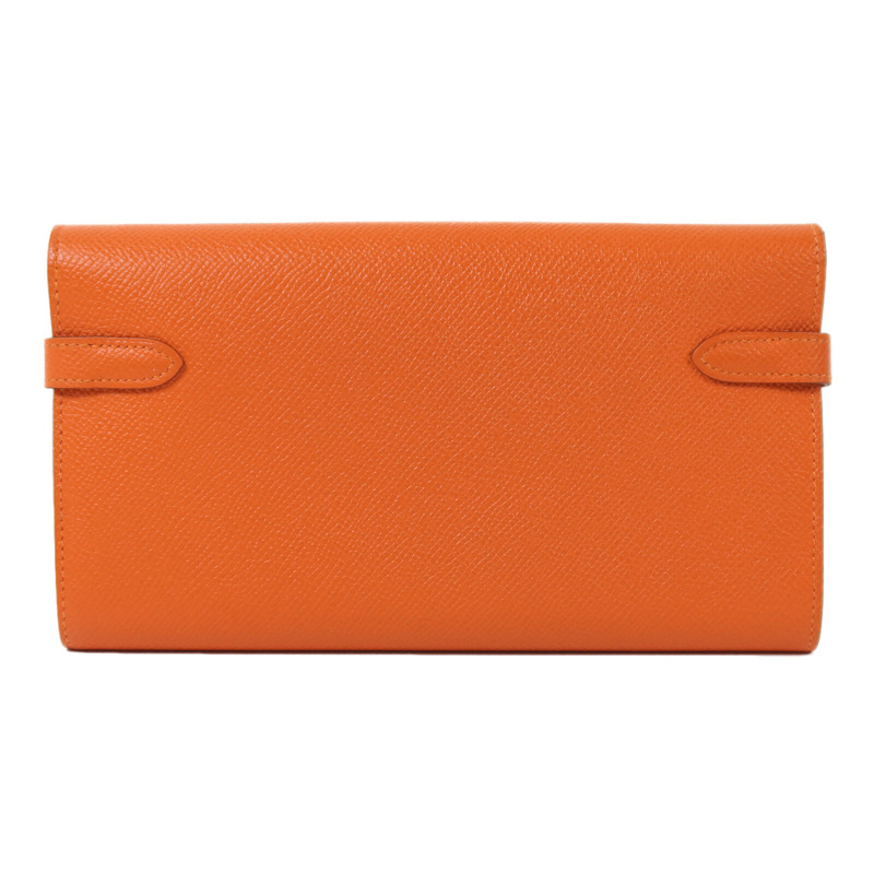 HERMES Epsom皮革Kelly Long Wallet金扣長錢包Orange Poppy-1