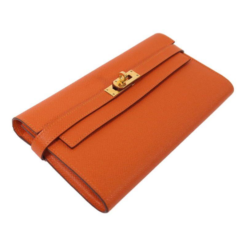 HERMES Epsom皮革Kelly Long Wallet金扣長錢包Orange Poppy-2