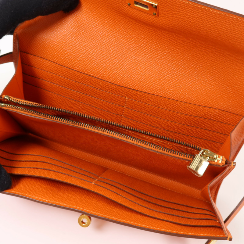 HERMES Epsom皮革Kelly Long Wallet金扣長錢包Orange Poppy-4