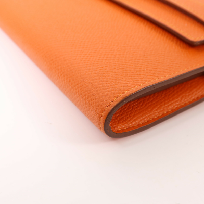 HERMES Epsom皮革Kelly Long Wallet金扣長錢包Orange Poppy-11