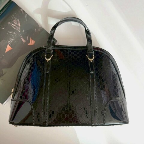 🎉全黑質感低調 GUCCI 黑色漆皮ALMA手提肩背斜背包