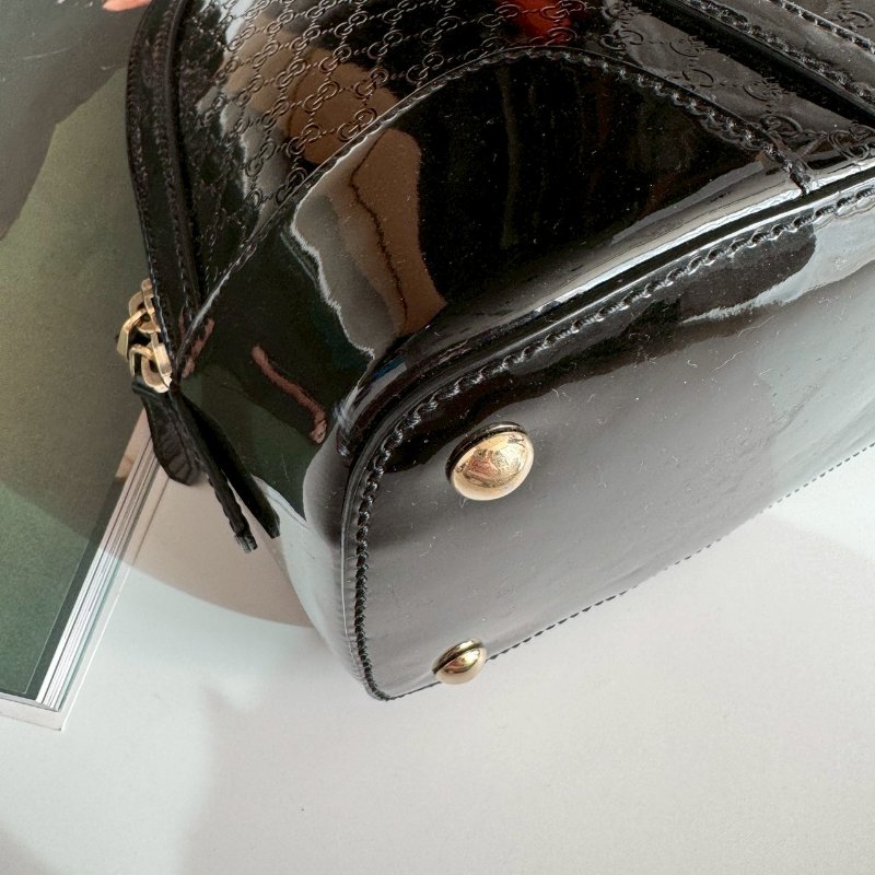 🎉全黑質感低調 GUCCI 黑色漆皮ALMA手提肩背斜背包-2