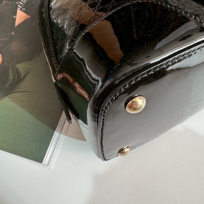 🎉全黑質感低調 GUCCI 黑色漆皮ALMA手提肩背斜背包-5
