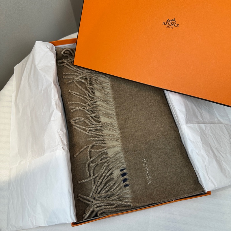 愛馬仕/Hermes 雙面棕色/米色純羊絨圍巾 40x160cm-0