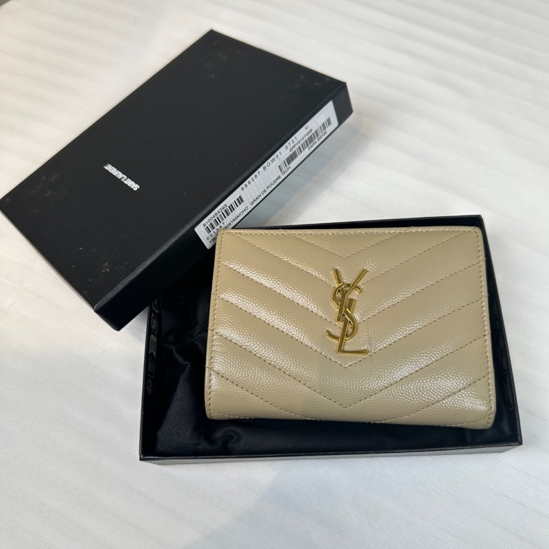 聖羅蘭/Saint laurent 米色牛皮金扣二折多卡位錢包皮夾13x9.5x2cm-0