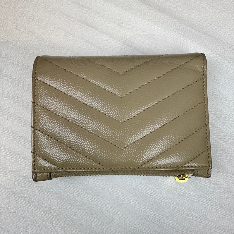 聖羅蘭/Saint laurent 米色牛皮金扣二折多卡位錢包皮夾13x9.5x2cm-1