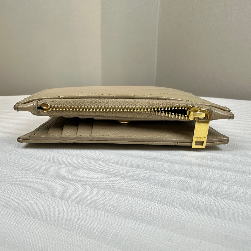 聖羅蘭/Saint laurent 米色牛皮金扣二折多卡位錢包皮夾13x9.5x2cm-5