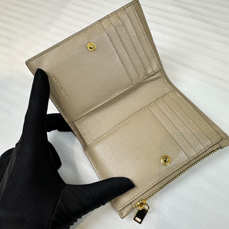 聖羅蘭/Saint laurent 米色牛皮金扣二折多卡位錢包皮夾13x9.5x2cm-6