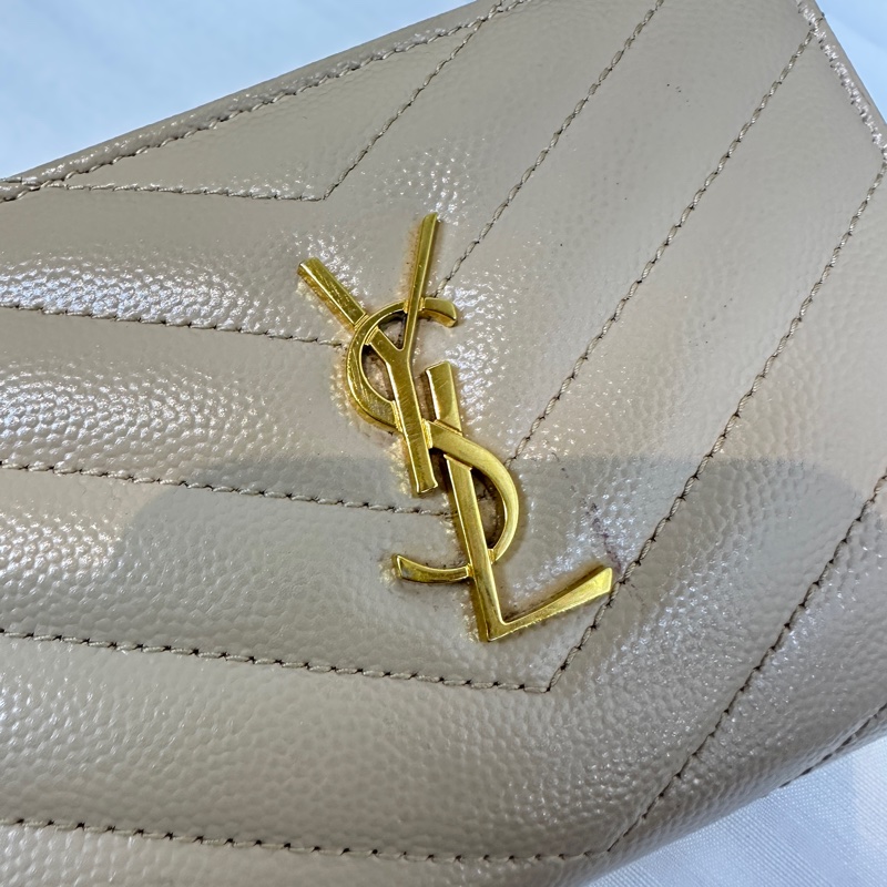 聖羅蘭/Saint laurent 米色牛皮金扣二折多卡位錢包皮夾13x9.5x2cm-7
