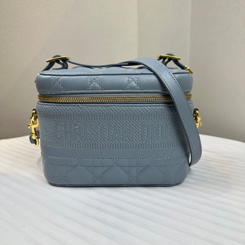 迪奧/Dior Travel Vanity 霧霾藍羊皮盒子包手提斜背19x10x14cm